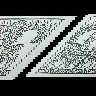 Keith Haring Mixed Media, "Collective Strength and Femininity" (Style of): Title: Title: Mixed Media on Paper: "Style of Keith Haring — Collective Strength and Femininity" Dimensions: 8.25 x 11.75 inches Medium: Mixed Media on Paper Description: This evocative black-and-wh
