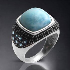 Gorgeous genuine Dominican larimar complemented by Black Spinel & London Blue Topaz pavé Sterling Si