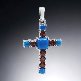 Spiritual Sterling Silver Cross Pendant with Blue Ceruleite & Garnet