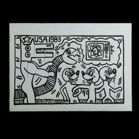 Keith Haring — Muscular Dog-Headed Figure and Snake style of Haring