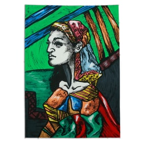 Picasso Mixed Media on Paper: "Picassoesque Portrait of a Woman with Scarf" (Style of)