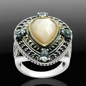 Pear Shaped White Mother of Pearl and Blue Topaz Marcasite Sterling Silver Ring Size 8