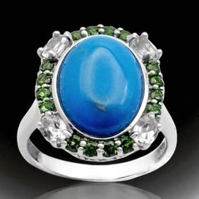 Oval Ceruleite wrapped with Chrome Diopside and White Topaz to create an epic Sterling Silver Ring -