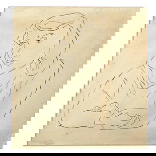 Henri Matisse Watercolor Drawing on Heavy Card Stock (Style of): Title: This piece depicts the upper torso of a woman, her arms crossed in a gesture resting on an unseen table, her face turned downward to the left, embodying a palpable sense of concern. Henri Matis