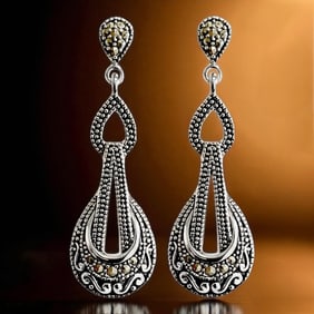 Marcasite Sterling Silver Balinese Elongated Dangle Earrings