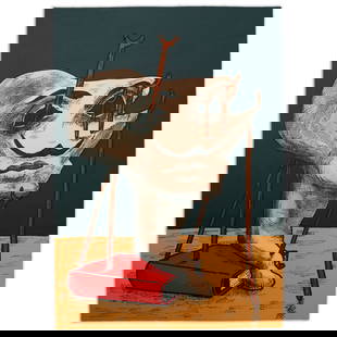 Salvador Dali Mixed Media on Heavy Card Stock (Style of): Title: The piece depicts a large bust precariously supported by stilts, seated atop a red book that intriguingly resembles Dali himself. Salvador Dali Mixed Media on Heavy Card Stock Item Description: