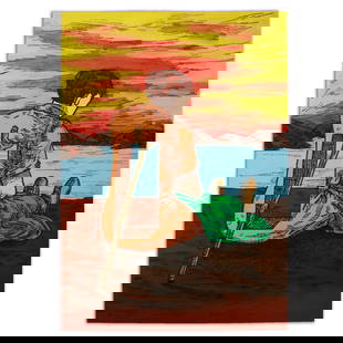 Salvador Dali Mixed Media on Heavy Card Stock (Style of): Title: This intriguing piece features a woman sitting with her legs straight, gazing contemplatively toward a shimmering body of water. Salvador Dali Mixed Media on Heavy Card Stock Item Description: