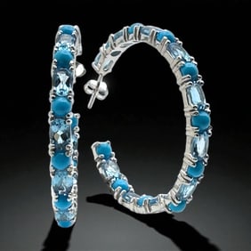 Turquoise & Blue Topaz Inside Out Large Hoop Earrings