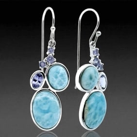 Boho style Larlimar & Lolite Sterling Silver Dangle Earrings