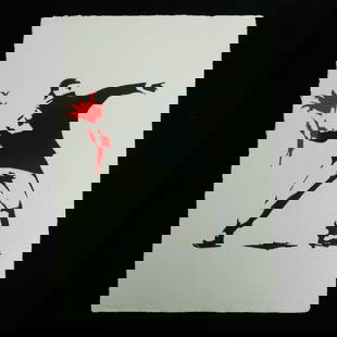 Banksy, "Love Is In The Air (Flower Thrower)" (After): Title: Banksy – “Love Is In The Air (Flower Thrower)” (After) Heavy Handmade Japanese Paper with Deckle Edge Image in Black & Off-White; Flowers in Vivid Red Provenance: D’Haese Family Col
