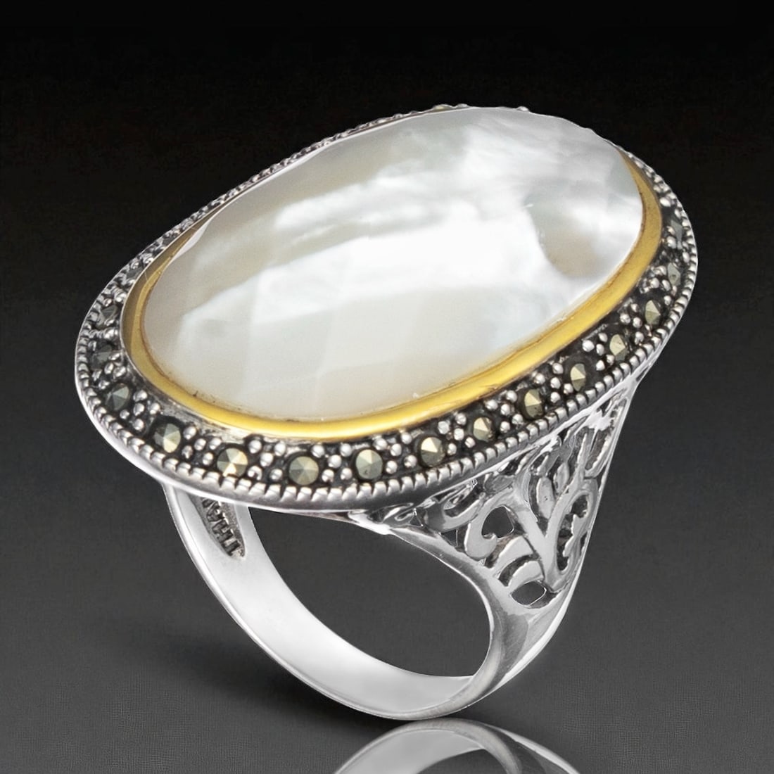 Mother-of-Pearl Ring Set in 14K Gold & Sterling Silver with Marcasite Accents (1 of 1)