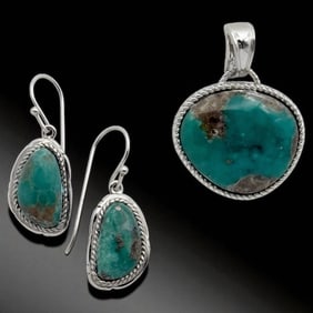 Southwest Turquoise Sterling Silver Pendant & Earrings Set