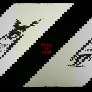Banksy, "Keep It Real" (After): Title: After Banksy – “Keep It Real” Heavy Handmade Japanese Paper with Deckle Edge Monochrome Image with Red Text Provenance: D’Haese Family Collection Museum-Quality Custom Designed Fram