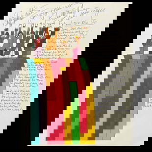 Beatles Signed & Handwritten Lyrics, "Love Me Do": Title: Forensically Authenticated Beatles-Signed Lyrics and Handwritten Page for “Love Me Do&rdquo; — Signed by All Four Beatles on Rare Animated Rainbow Stationery, Museum-Quality Framed Descript
