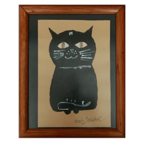 Exquisite Andy Warhol Watercolor of a Seated Black Cat (After)