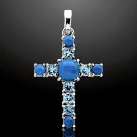 Ornately crafted Sterling Silver Cross Pendant adorned with Blue Topaz & Ceruleite