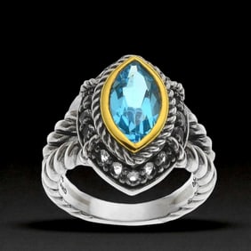 Blue Topaz Sterling Silver Ring with intricite details & White Topaz - Size 8