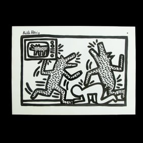 Keith Haring Mixed Media on Paper "Two Dog People" (After)