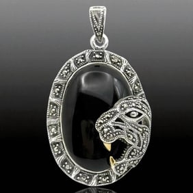 Panther Design Sterling Silver Black Agate & Marcasite Pendant
