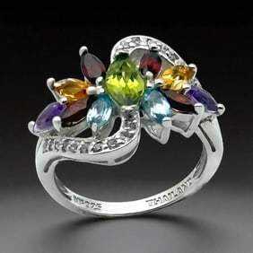 Exquisite Multi-Gemstone Sterling Silver Ring with an array of colors