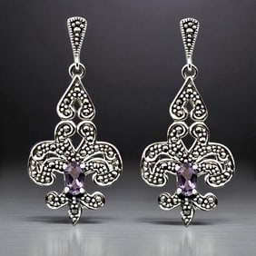 Fleur di Lis Amethyst & Marcaiste Dangle Earrings