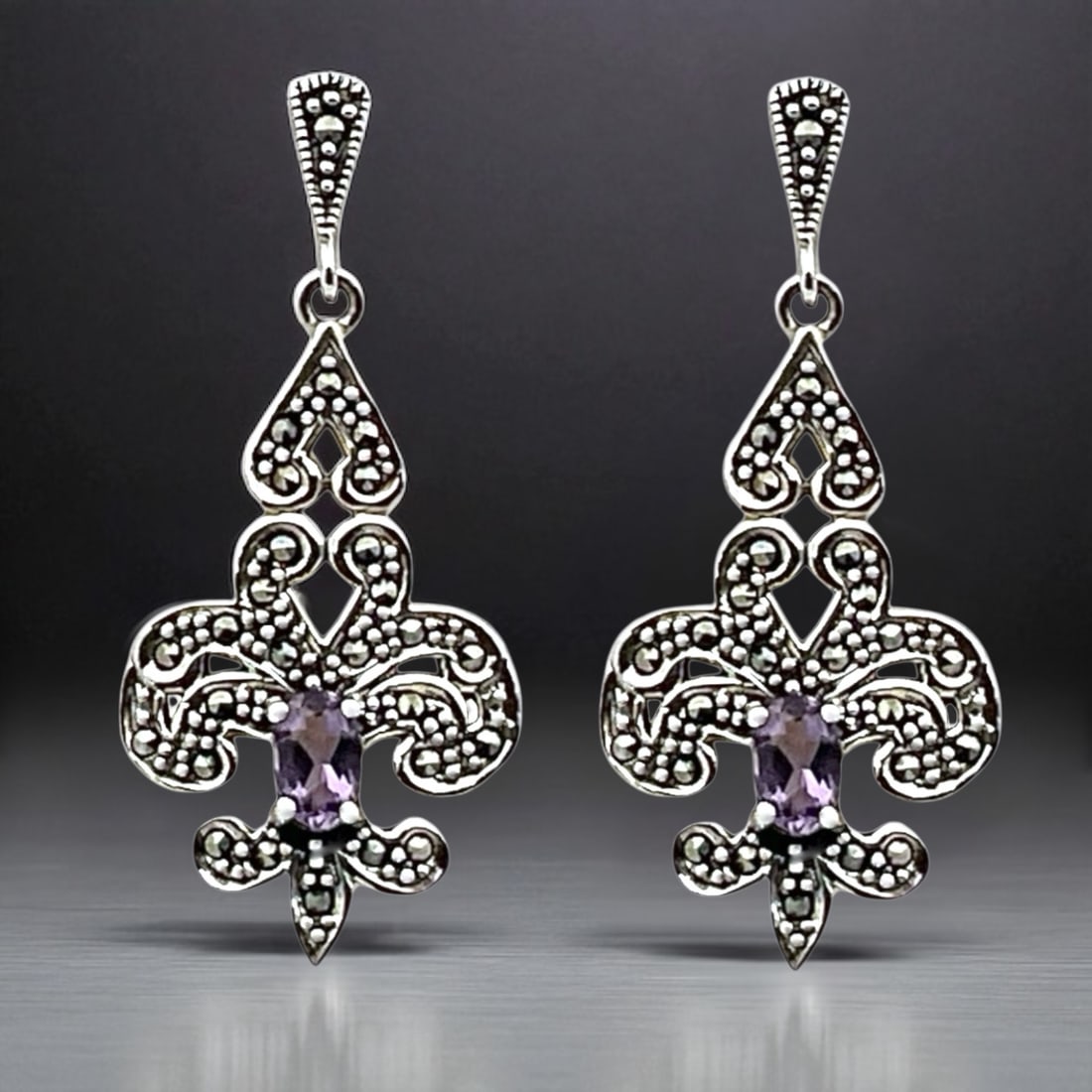 Fleur di Lis Amethyst & Marcaiste Dangle Earrings (1 of 1)