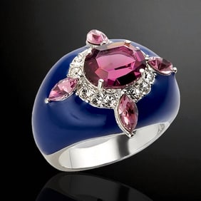 Sterling Silver Enamel Dome with Swarovski elements Ring - Size 8
