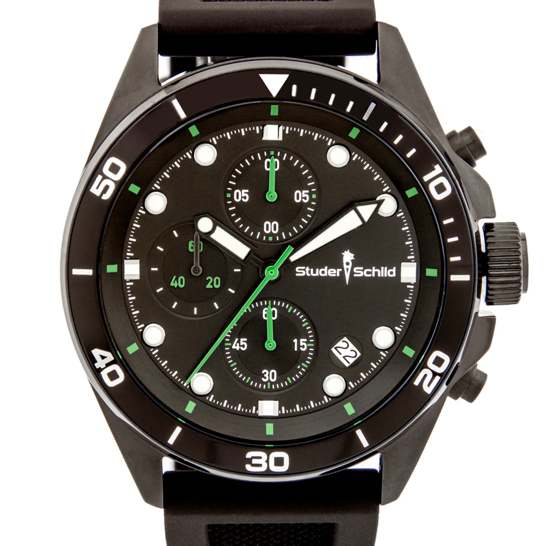 Studer Schild Men’s Chronograph Watch – All Black 42mm Case: This sleek, all-black chronograph by Studer Schild features a 42mm stainless steel case paired with a bold black dial and integrated date window. Equipped with multiple sub-dials for precise time trac