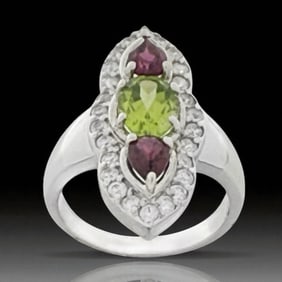 Peridot, Garnet, & White Topaz Sterling Silver Ring - Size 7
