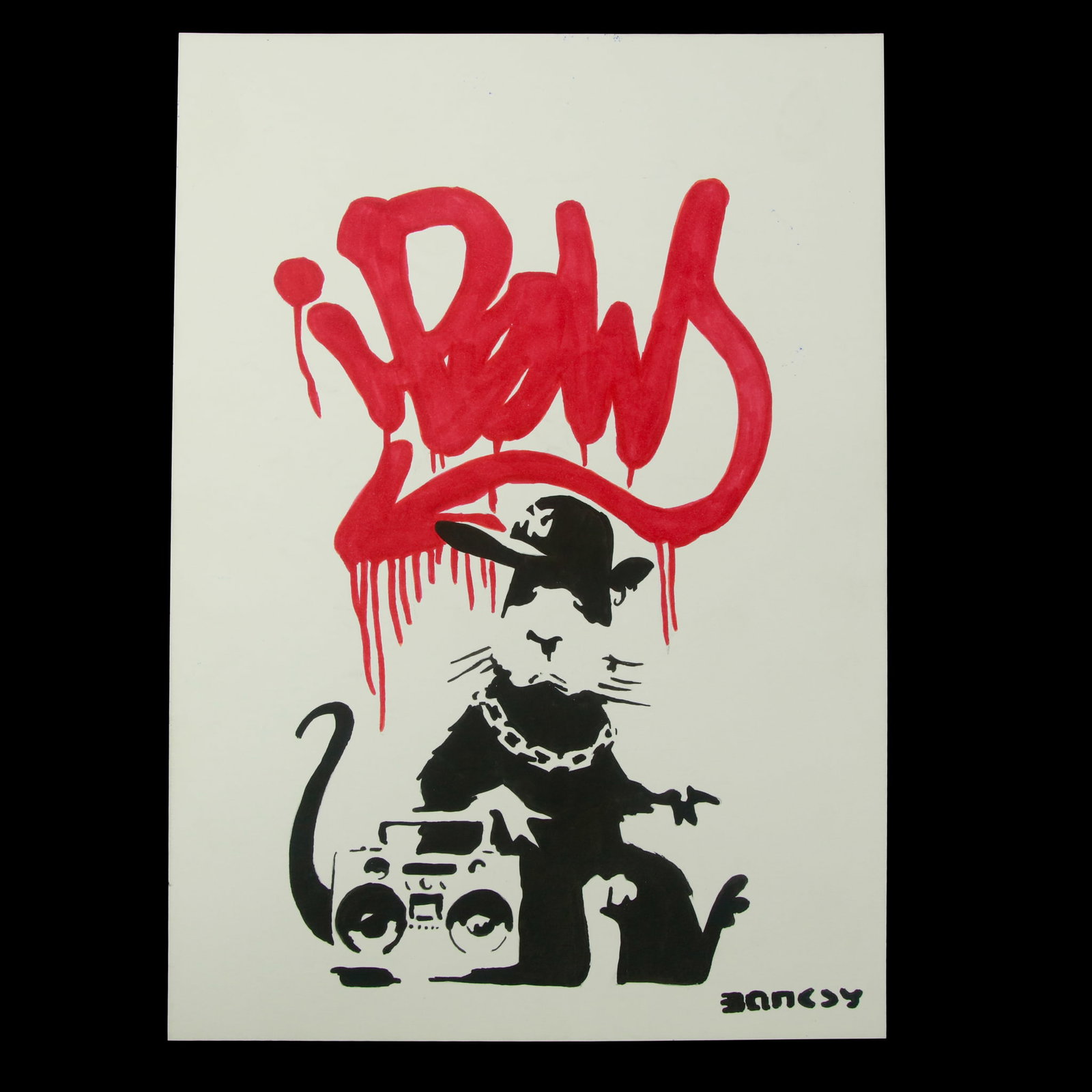 BANKSY:Urban Underdog – "Gangsta Rat: iPOW" (After): Title: Urban Underdog – "Gangsta Rat: iPOW" after Banksy (In Style) Description: We proudly present "Gangsta Rat: iPOW," an engaging mixed media marker drawing showcasing the radical and thought-pro