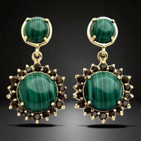 Malachite & Smoky Quartz Starburst style Sterling Silver Earrings