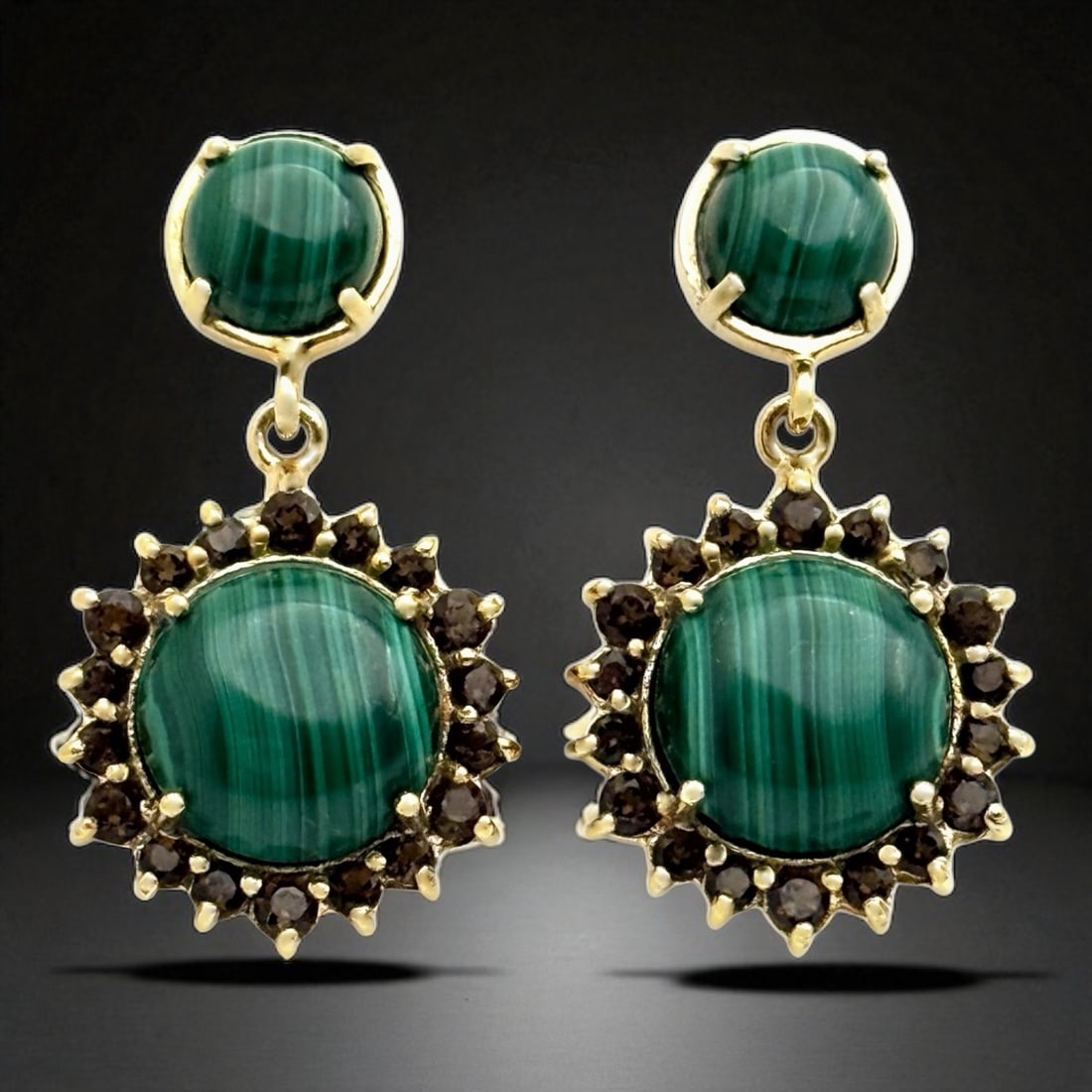 Malachite & Smoky Quartz Starburst style Sterling Silver Earrings (1 of 1)