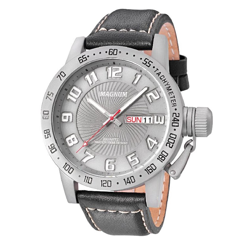 48 mm Men's Magnum Apprentice Quartz Watch: The Magnum Apprentice is a 48mm Day Date Tachymeter Watch with a 13 mm thick case. The crown is protected by a screw on cover which is attached to the case via a metal link. The Dial is a gun metal gr