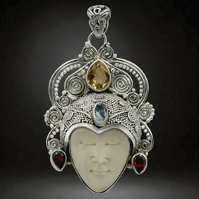 Preowned Balinese Carved Face Gemstone Pendant