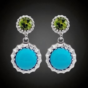 Timeless style Sterling Silver Earrings with Turquoise & Peridot
