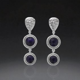 Hammered Sterling Silver Earrings with Sapphire Corundum