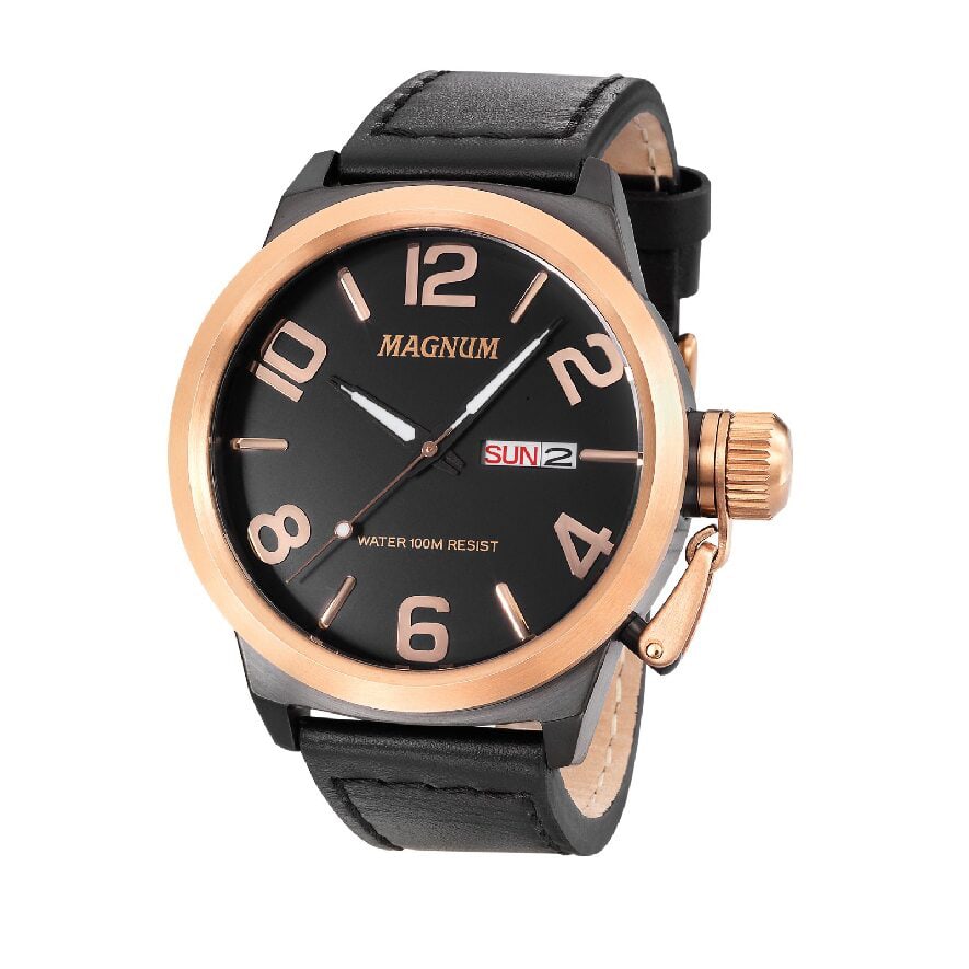 48 mm Men's Magnum Graduate Quartz Watch: The Magnum Graduate Men's watch sports a 41mm dial window with a 14mm thick case. The Graduate is the epitome of the contemporary watch. The 3 hand watch with day/date feature and sturdy leather strap