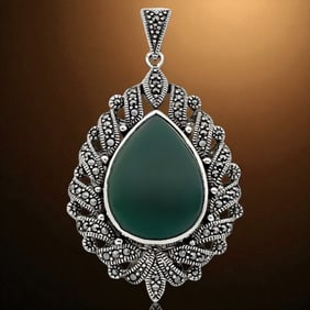 Regal Green Agate & Marcasite Sterling Silver Pendant