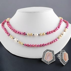 Freshwater Pearl 41" Necklace with Hematite & Pink Mother-of-Pearl & Marcasite Earrings