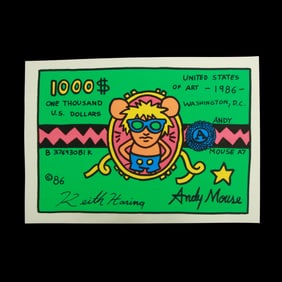 Keith Haring Attributed: Iconic Andy Mouse on $1000 Dollar Bill
