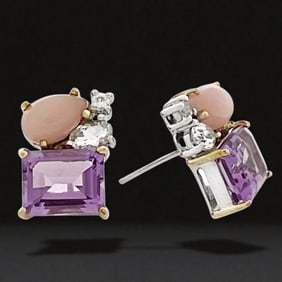 One-of-a-Kind Amethyst, Guava Quartz, & White Topaz Two-Tone Sterling Silver Earrings