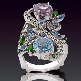 Stunning Statement Ring with Amethyst, Blue Topaz, & Chrome Diopside - Size 7.25