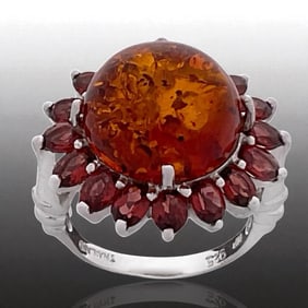 Baltic Amber & Garnet Sterling Silver Ring - Size 7.5