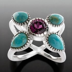 Exquisite Criss Cross Turquoise & Garnet Sterling Silver Ring - Size 5