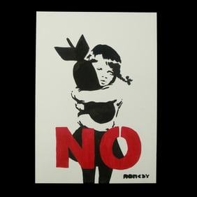 BANKSY: "Girl Hugging Bomb with NO and Peace Quote"