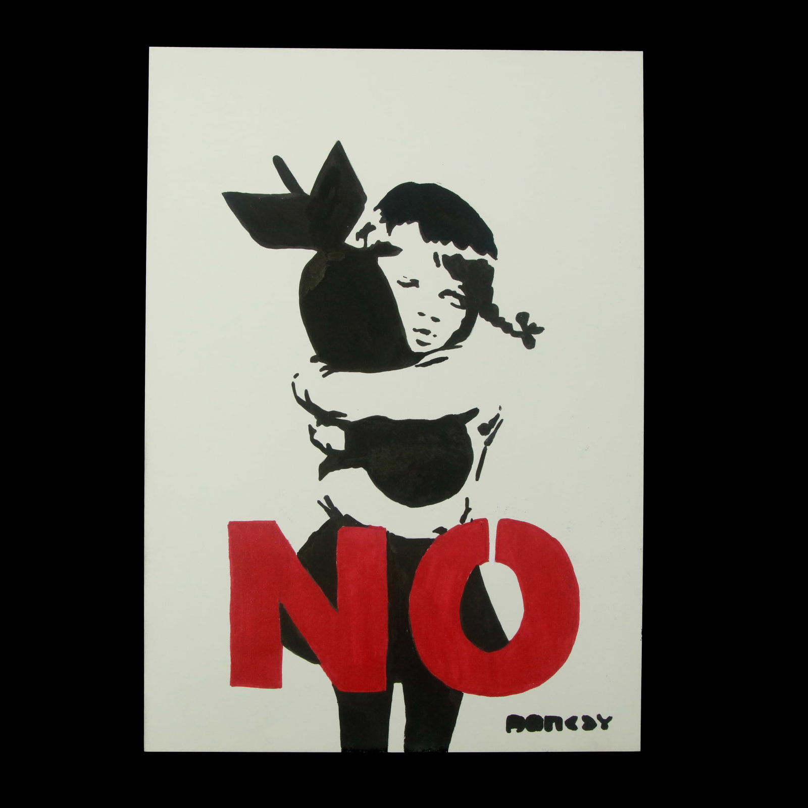 BANKSY: "Girl Hugging Bomb with NO and Peace Quote": Title: Banksy-Inspired Mixed Media Marker Drawing - "Girl Hugging Bomb with NO and Peace Quote" Description: Presenting a compelling piece evocative of the iconic street art and provocative themes ass