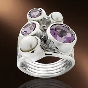 Boho style Amethyst & Pearl Sterling Silver Ring - Size 7