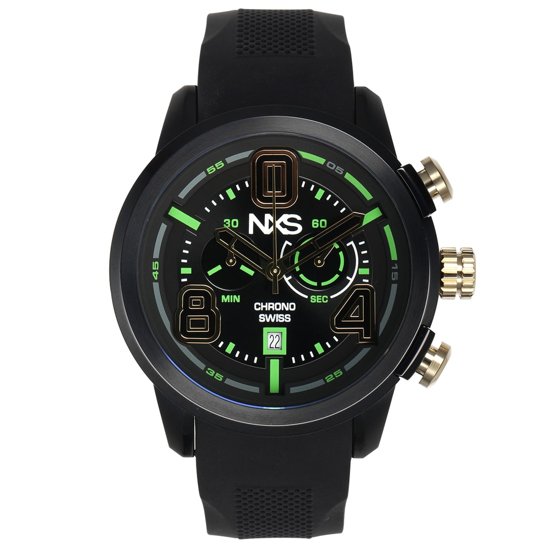 NXS Men’s Swiss Chronograph Watch: Bold and contemporary, the NXS Men’s Swiss Chronograph features a 49mm stainless steel case with a sleek black finish and matching strap. Subtle green dial accents add a refined pop of color, wh