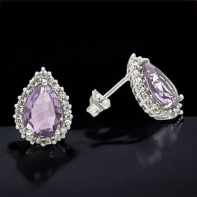 Pear Shaped African Amethyst Sterling Silver Earrings wrapped with sparkling White Zircon
