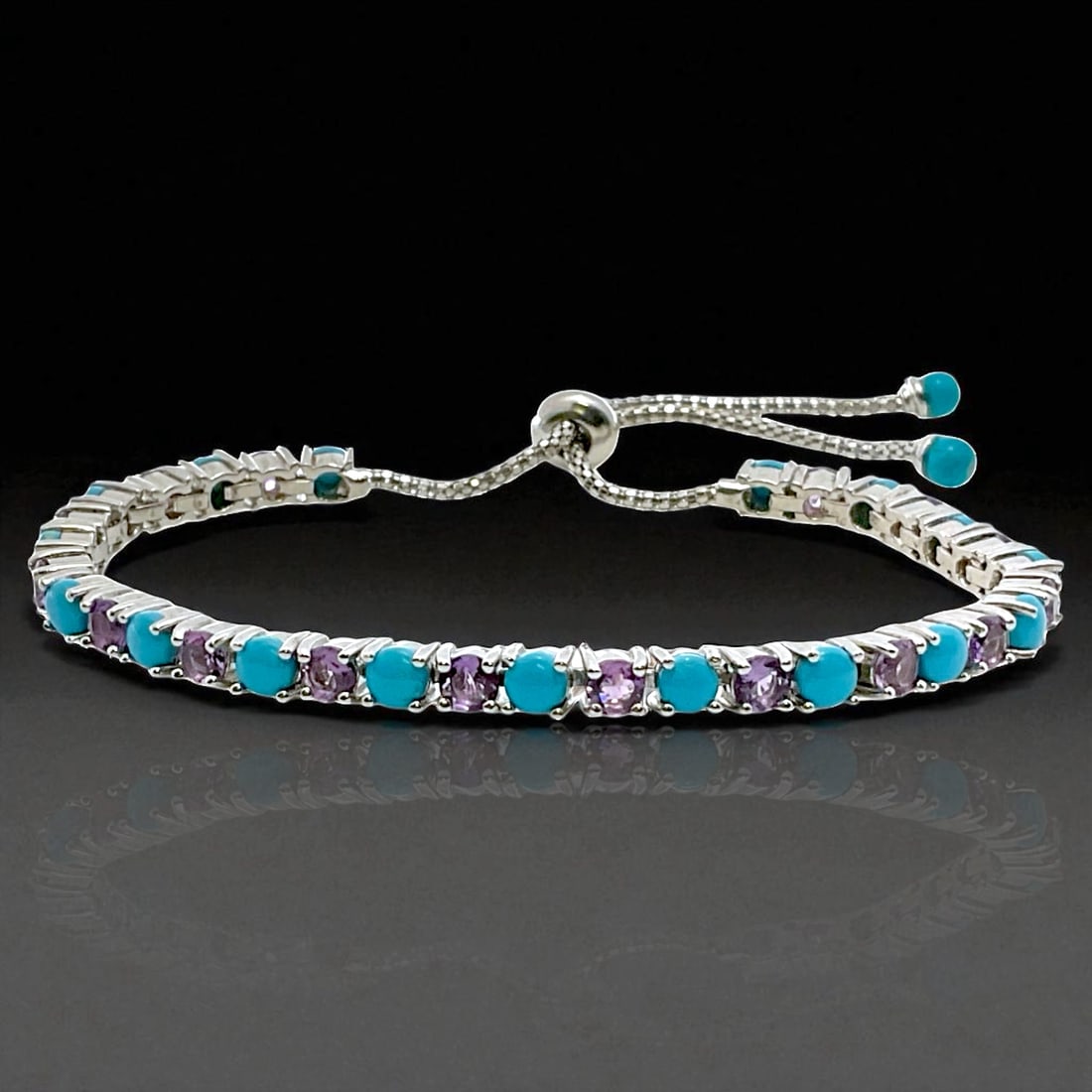 Sterling Silver Adjustable Amethyst & Turquoise Brace 11" (1 of 1)